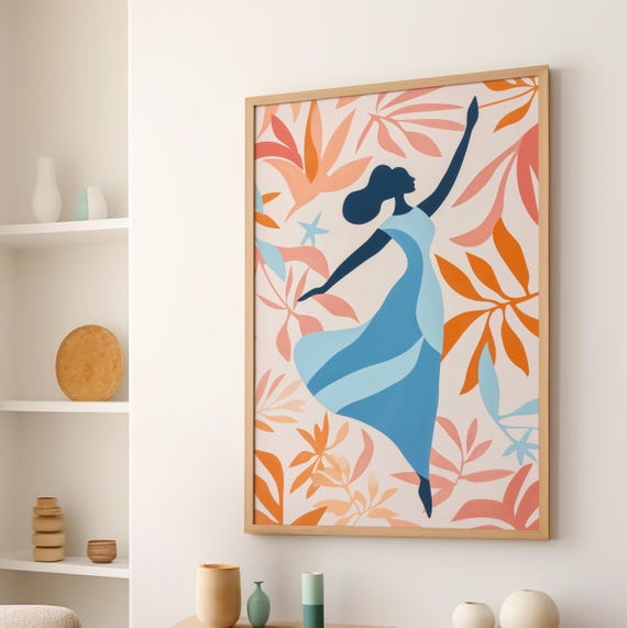 Abstract Dancing Figure Botanical Art Poster Or Canvas Print Henri Matisse Inspired Cut Out Style Wall Modern Floral Woman