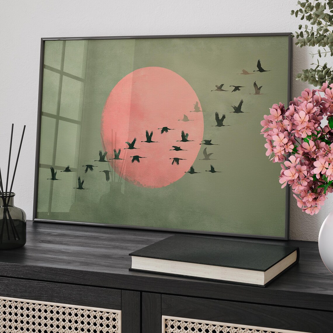 Pink Moon With Flying Birds Japanese Minimalist Sage Green Poster