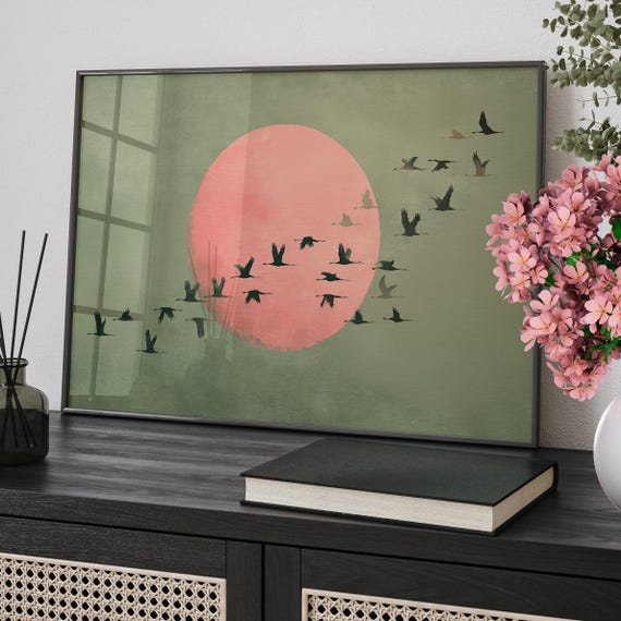 Pink Moon Japandi Wall Art Poster Or Canvas Print Minimalist Birds Landscape Sage Green Vintage Decor Japanese For Living Room