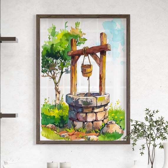 Vintage Stone Well Illustration Poster Or Canvas Print Wishing Art Old Water Wedding Gift Farmhouse Wall Decor