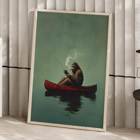 Bigfoot On A Red Canoe Fishing Retro Art Poster Or Canvas Print Whimsical Sasquatch Wall Lake House Decor Funny