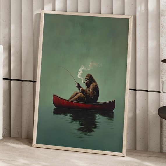 Funny Bigfoot Fishing From Red Canoe Quirky Lake Cabin Poster