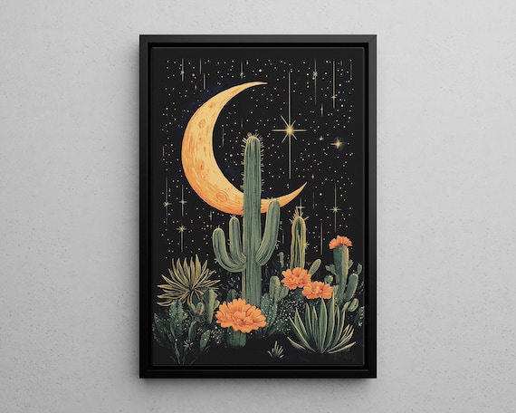Glowing Crescent Moon Saguaro Cactus Starry Night Desert Sky Poster