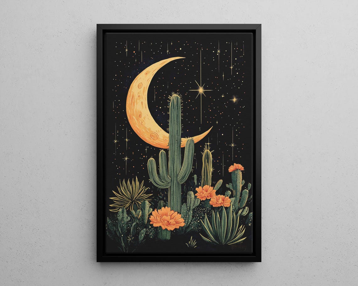 Cactus Garden On Crescent Moon Cosmic Art Poster Or Canvas Print Celestial Botanical Surreal And Starry Night Sky