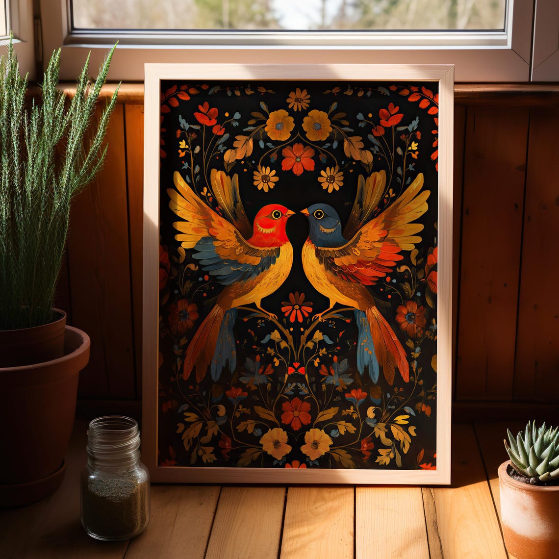 Mexican Bird Folk Art Style Wall Poster Or Canvas Print Russian Inspired Symmetrical Colorful Floral Botanical Decor