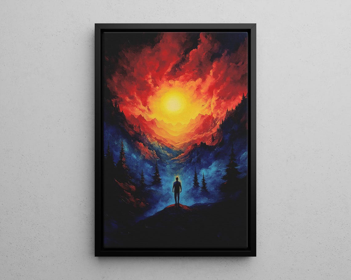 Man Walking Toward a Blazing Sun Over Mountain Clouds Art Poster