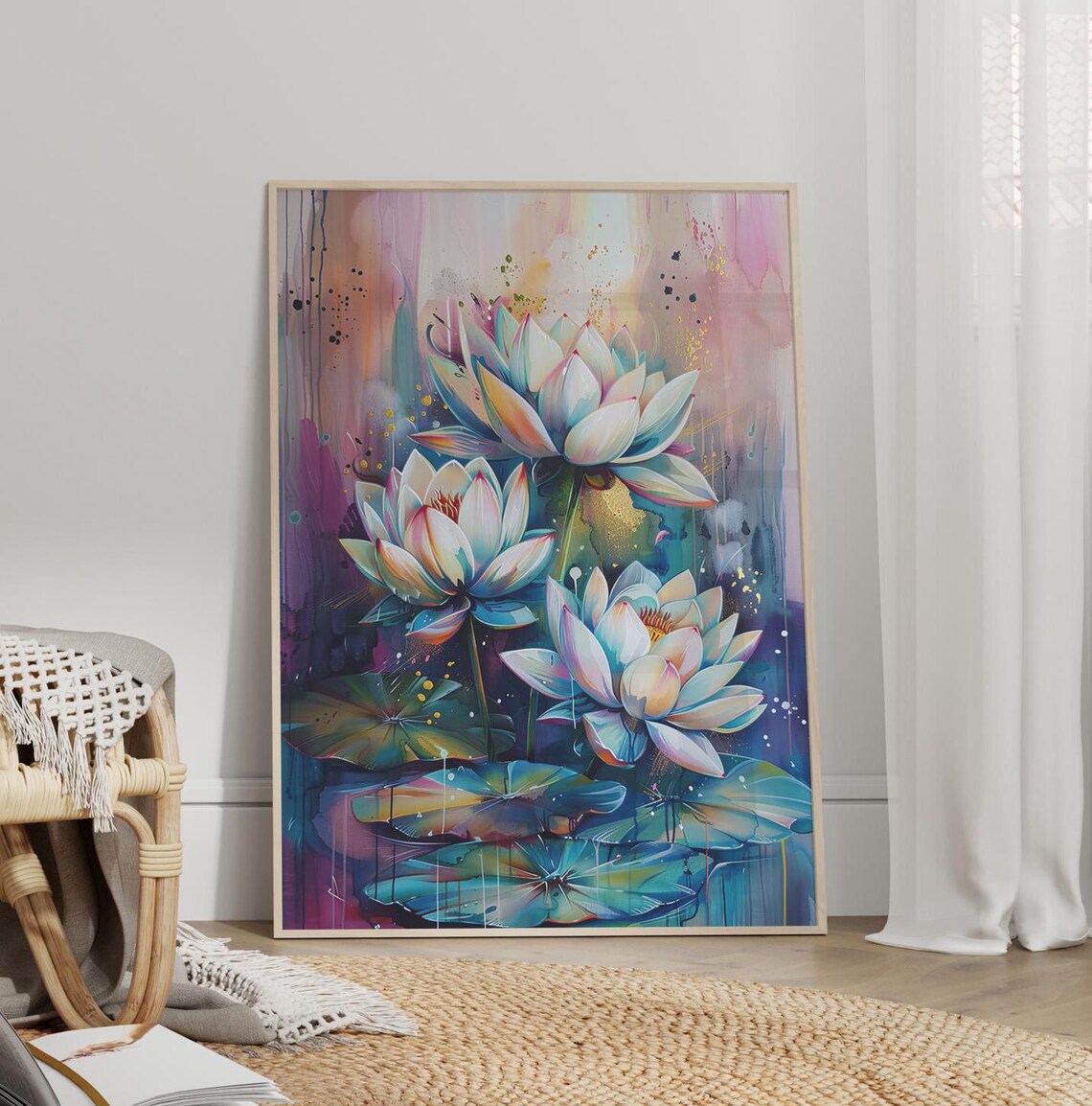 White Lotus Flowers Watercolor Abstract Pink Purple Pond Poster