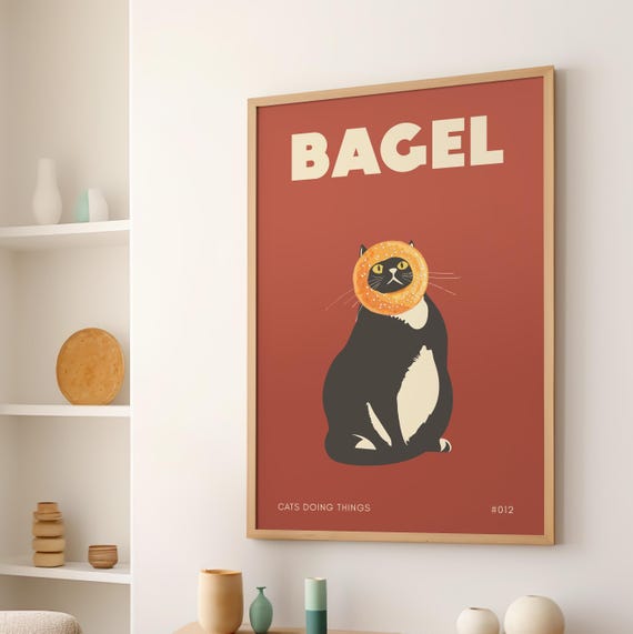 Cat Doing Things Black Bagel Face Poster Or Canvas Print Posters Funny Kitchen Decor Retro Wall Art Humorous