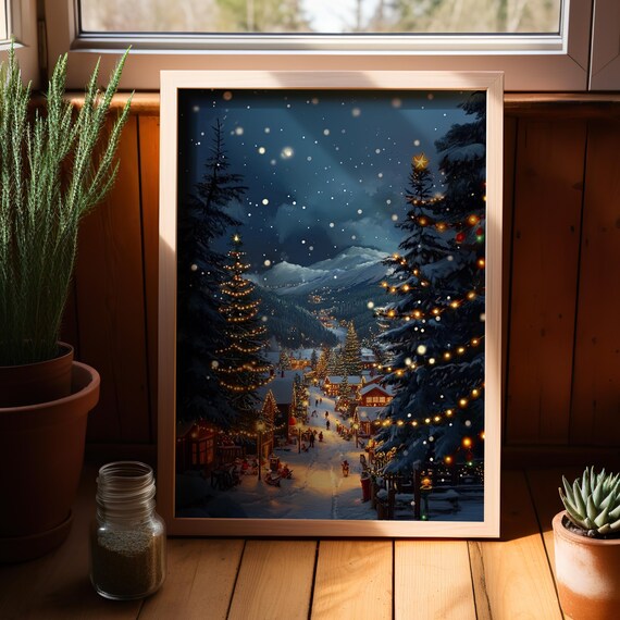 Evergreen Town Snowy Christmas Village Night Lights Watercolor Poster