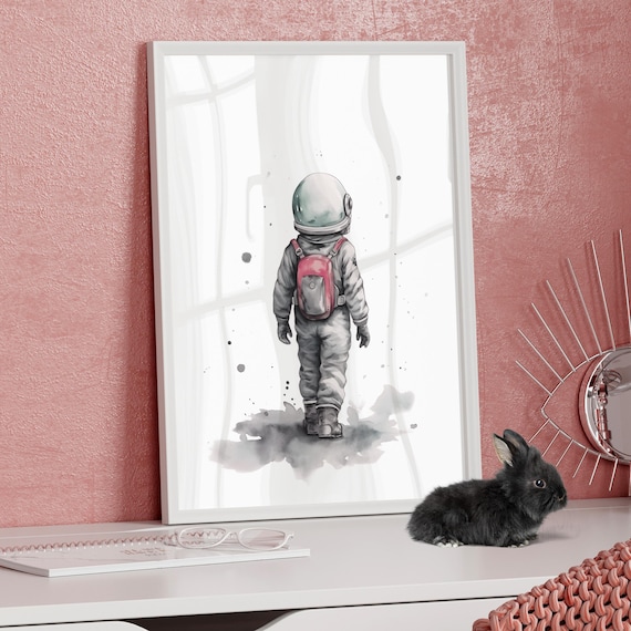 Little Astronaut Child Pink Backpack Watercolor Nursery Art Print