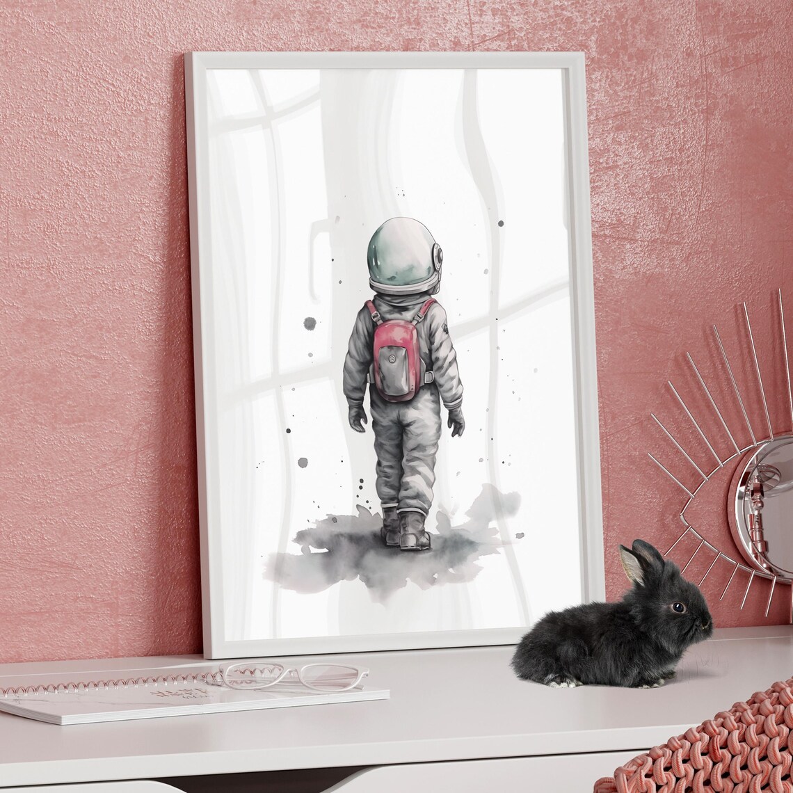 Little Astronaut Child Pink Backpack Watercolor Nursery Art Print