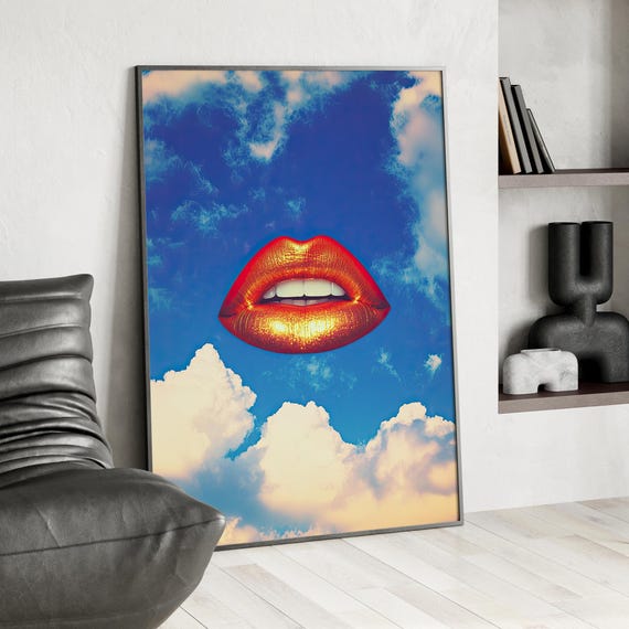 Red Golden Kiss Lips In The Sky Wall Art Poster Or Canvas Preppy Dorm Room Decor Coquette Gift For Her Girly Fashion