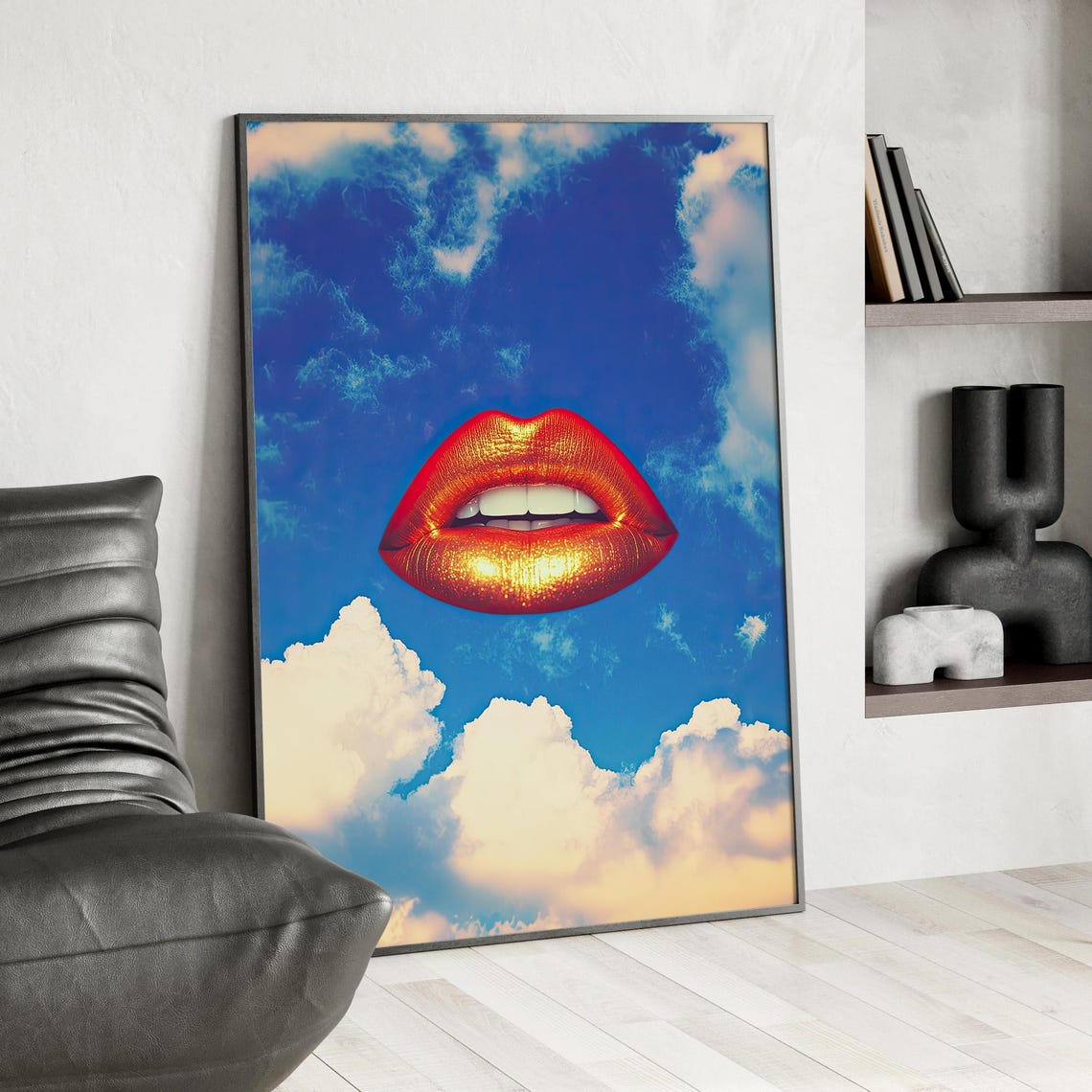 Giant Golden Red Lips Floating in a Clouded Blue Sky Surreal Poster