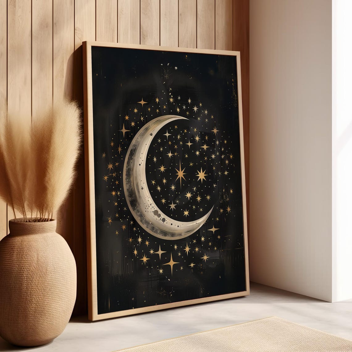 Crescent Moon And Gold Stars Black Celestial Night Sky Poster
