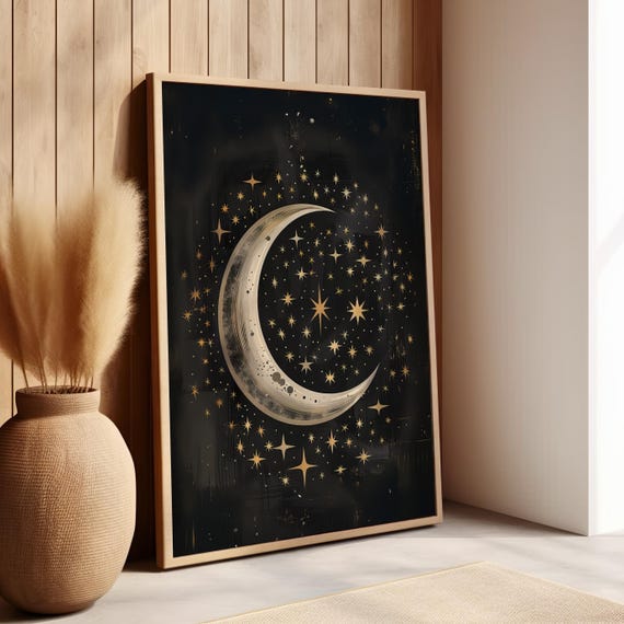 Starry Crescent Moon Celestial Wall Art Poster Or Canvas Print And Stars Gold Black Lunar Magical Night Decor