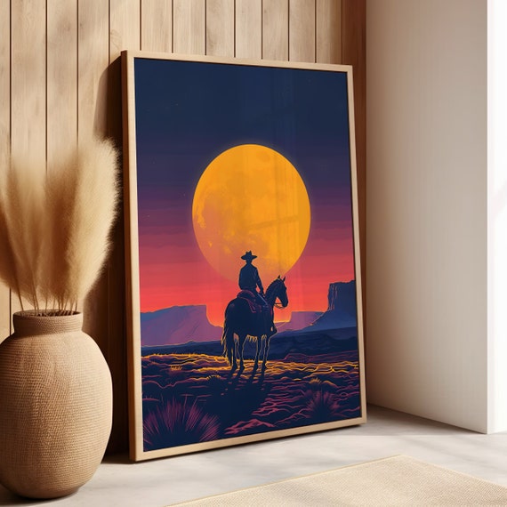 Full Moon Over Cowboy Riding Horse Vector Poster Or Canvas Print Dark Purple And Yellow Gradient Wall Artsurreal Modern Western Decor