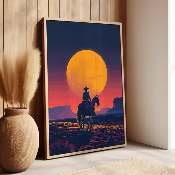 Lone Cowboy on Horseback Before Giant Orange Moon Night Poster