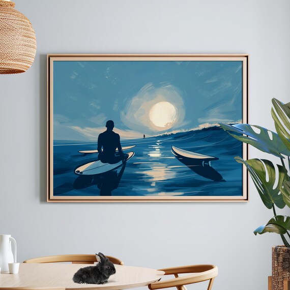 Silhouette Surfer Poster Minimal Blue Ocean Sunset with Surfboard