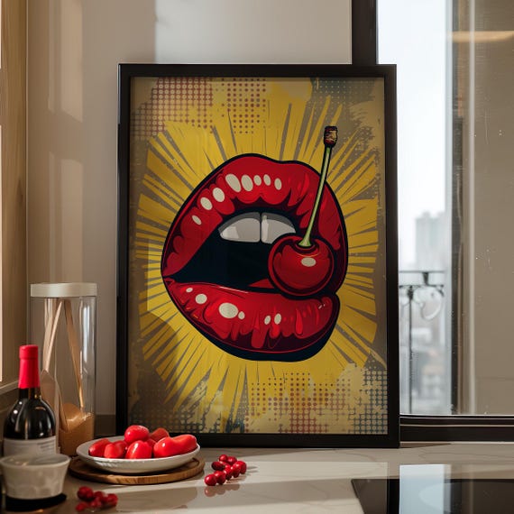 Red Lips Biting A Cherry Art Print Poster Or Canvas Wall Retro Style Pop Decor