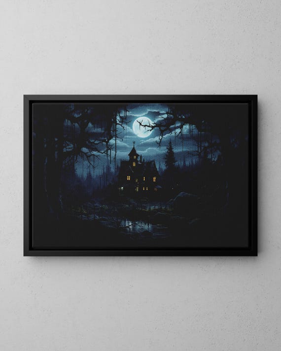 Spooky Haunted Looking House In The Middle Of A Scary Forest Wall Art Print Or Canvas Gothic Halloween Decor Dark Academia
