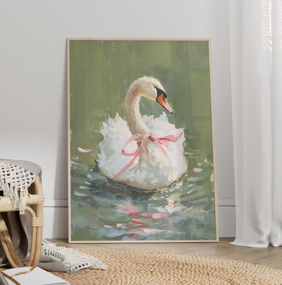 Graceful White Swan With Pink Bow Green Water Balletcore Art Poster
