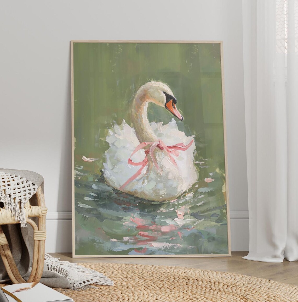 Graceful White Swan With Pink Bow Green Water Balletcore Art Poster
