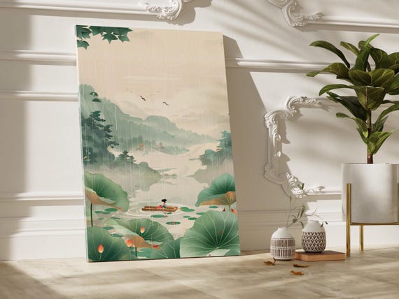 Chinese Lake Scene Green Botanical Wall Art Poster Or Canvas Print Style Nature Rain