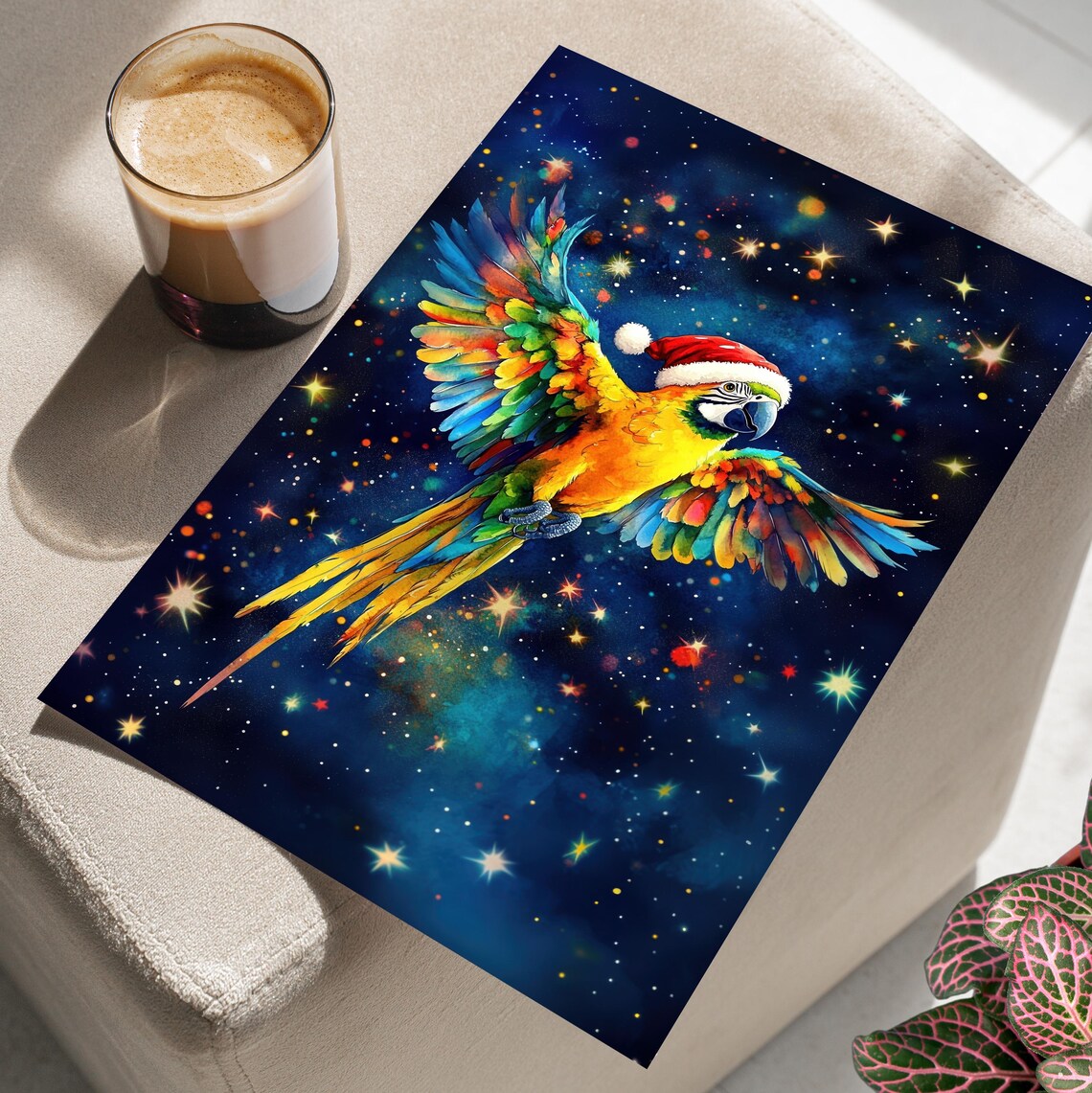 Colorful Macaw Santa Hat Christmas Poster Starry Night Tropical Bird Art