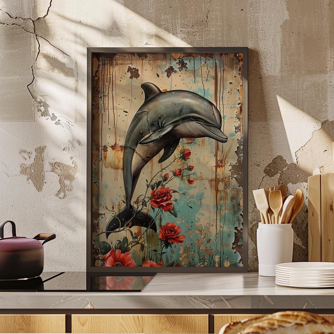 Vintage Dolphin and Red Roses Coastal Botanical Painting Poster
