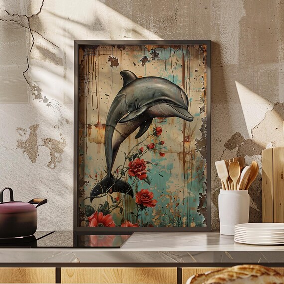 Elegant Dolphin Floral Vintage Painting Poster Or Canvas Print Sea Animal Wall Art Ocean Life Whimsical
