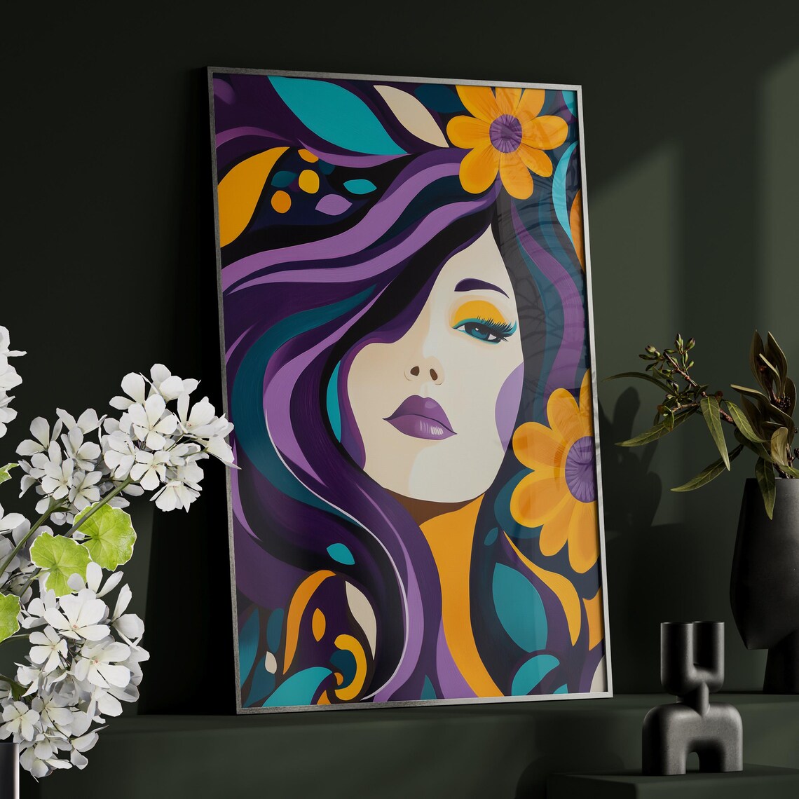 Matisse Inspired Woman Portrait Purple Teal Modern Floral Art Poster