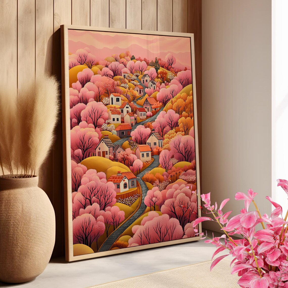 Pink Cherry Blossom Village Japanese Spring Fantasy Art Poster