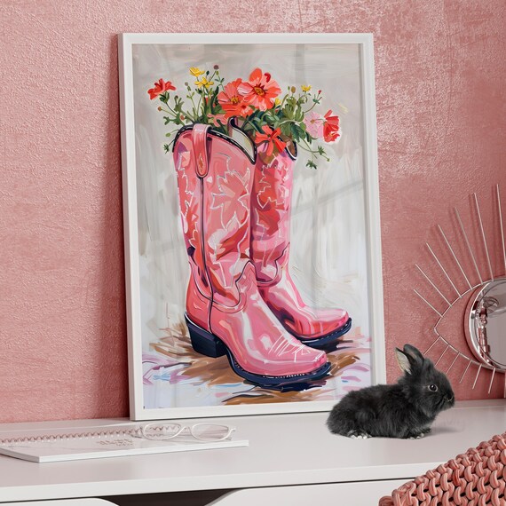 Pink Cowgirl Boots With Wildflowers Retro Western Painting Poster