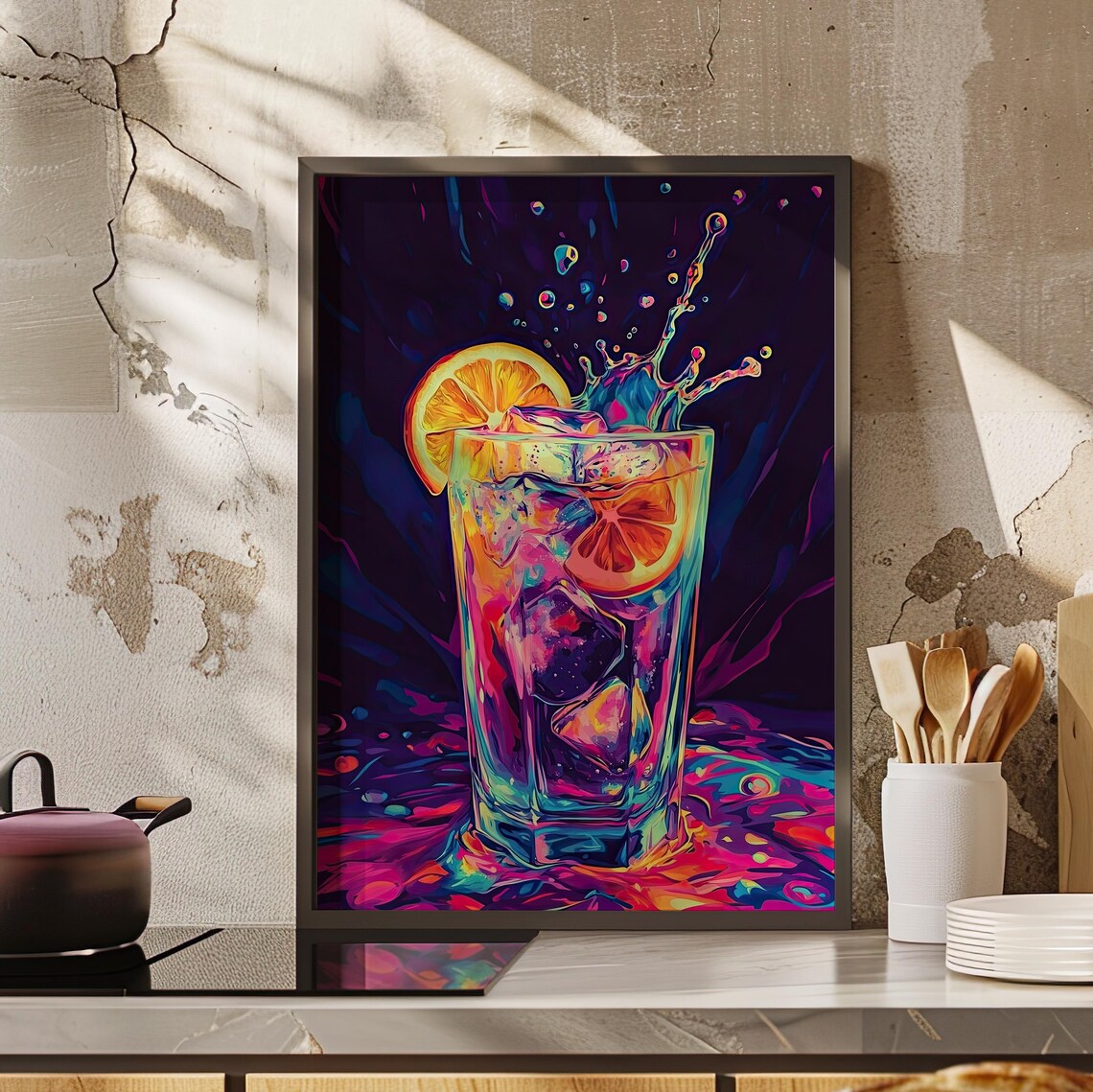 Neon Cocktail Glass With Orange Psychedelic Bar Pop Art Poster