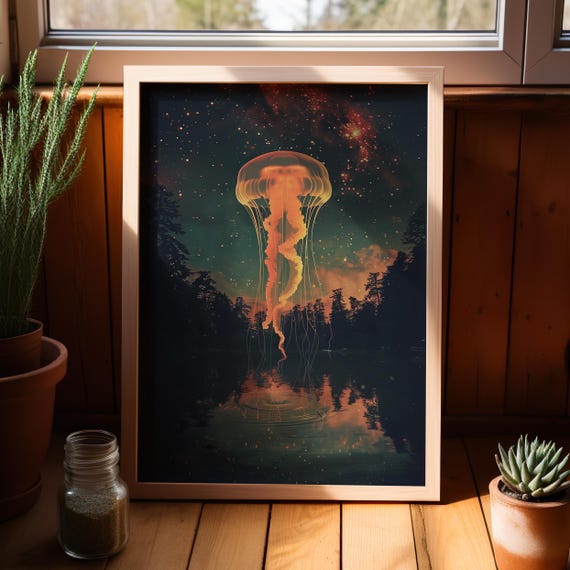 Jellyfish Floating Above The Water Surrealism Illustration Dark Art Poster Or Canvas Print Starry Sky Jelly Glow Celestial Aquatic