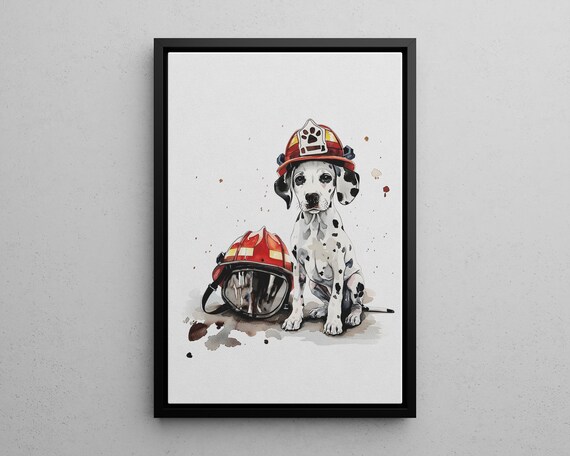 Dalmatian Puppy Firefighter Helmet Watercolor Nursery Poster