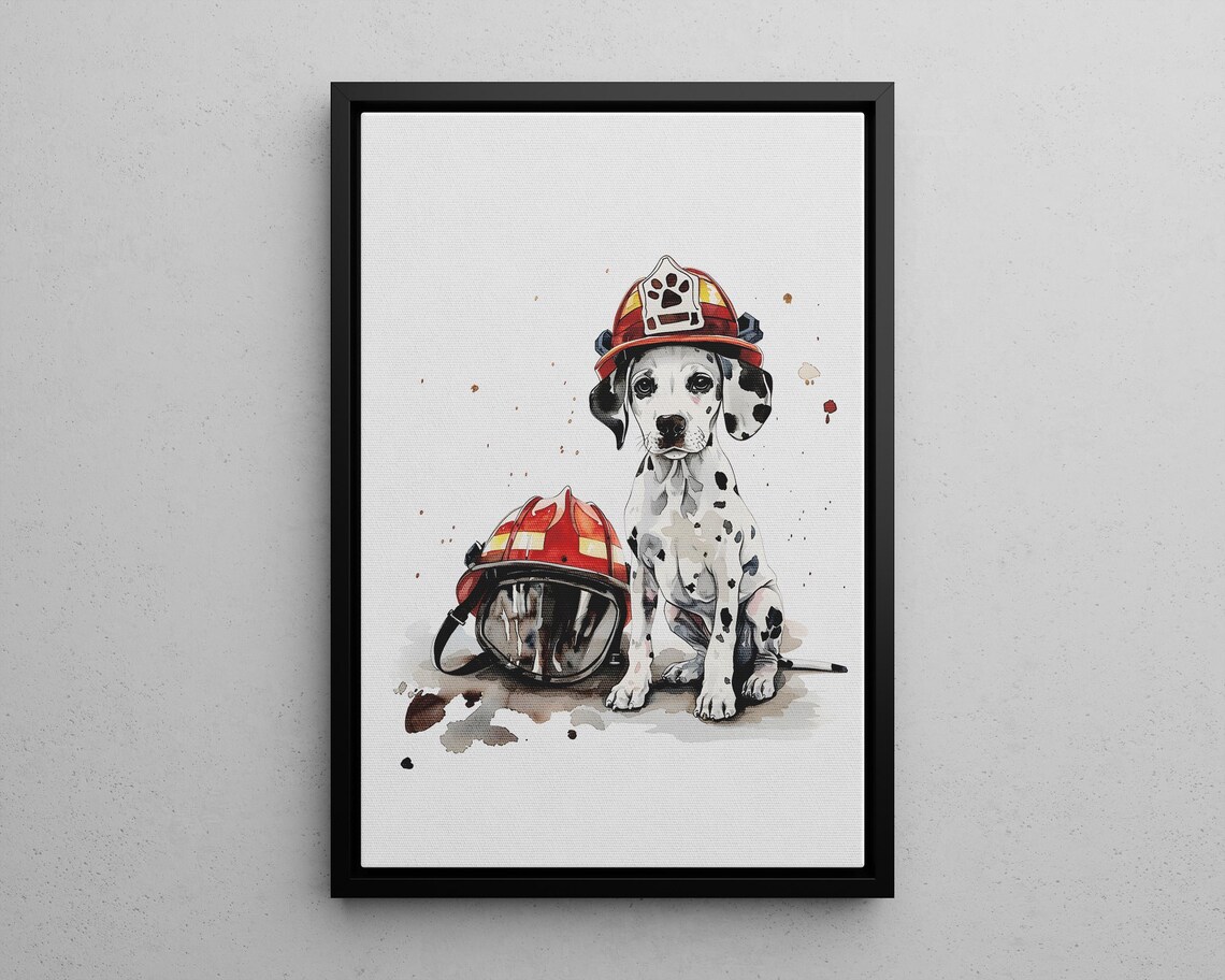 Dalmatian Puppy Firefighter Helmet Watercolor Nursery Poster
