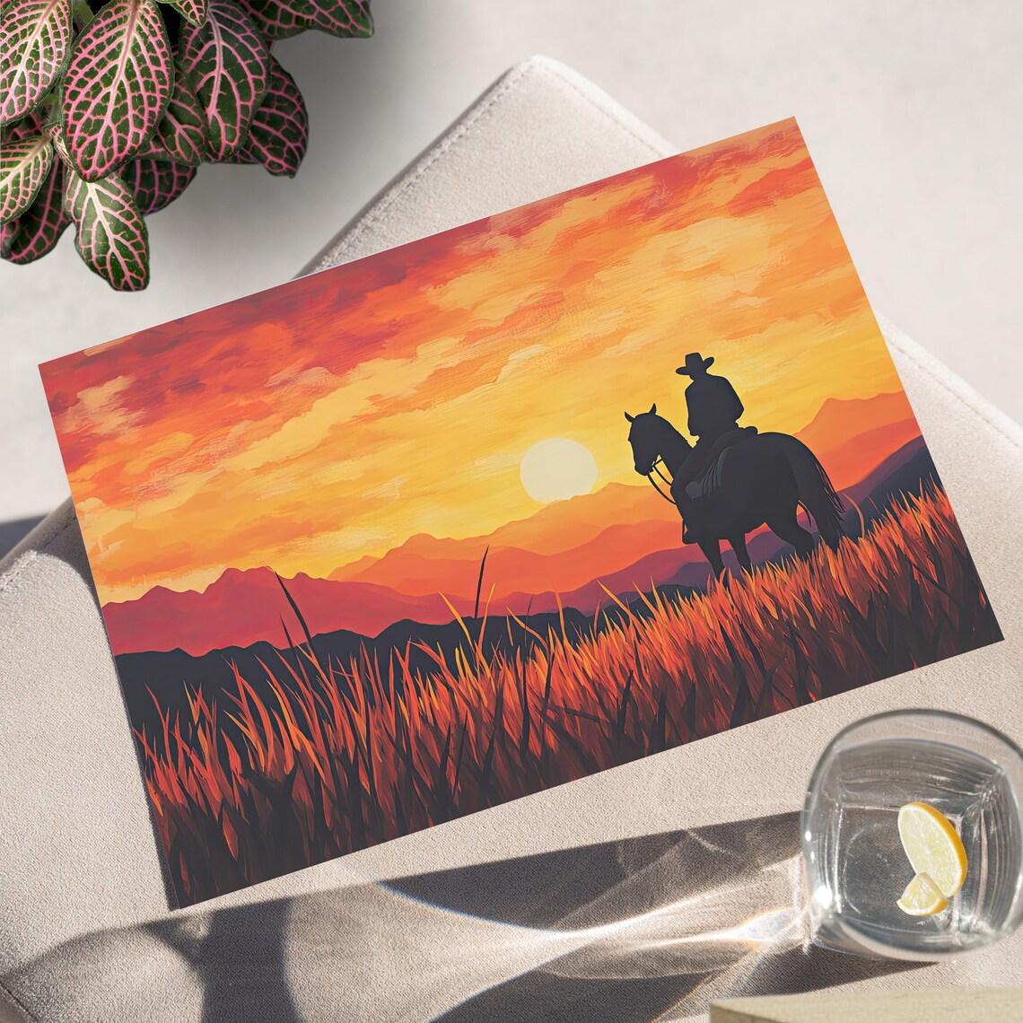 Cowboy On Horseback At Sunset Wild West Silhouette Wall Poster
