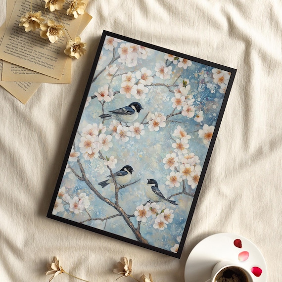 Birds On Almond Blossom Branch Oil Painting Poster Or Canvas Spring Nature Art Floral Bird Wall Serene Early Home Decor