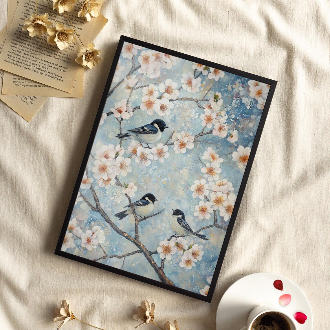 Birds On Almond Blossom Branch Spring Oil Painting Floral Art Poster