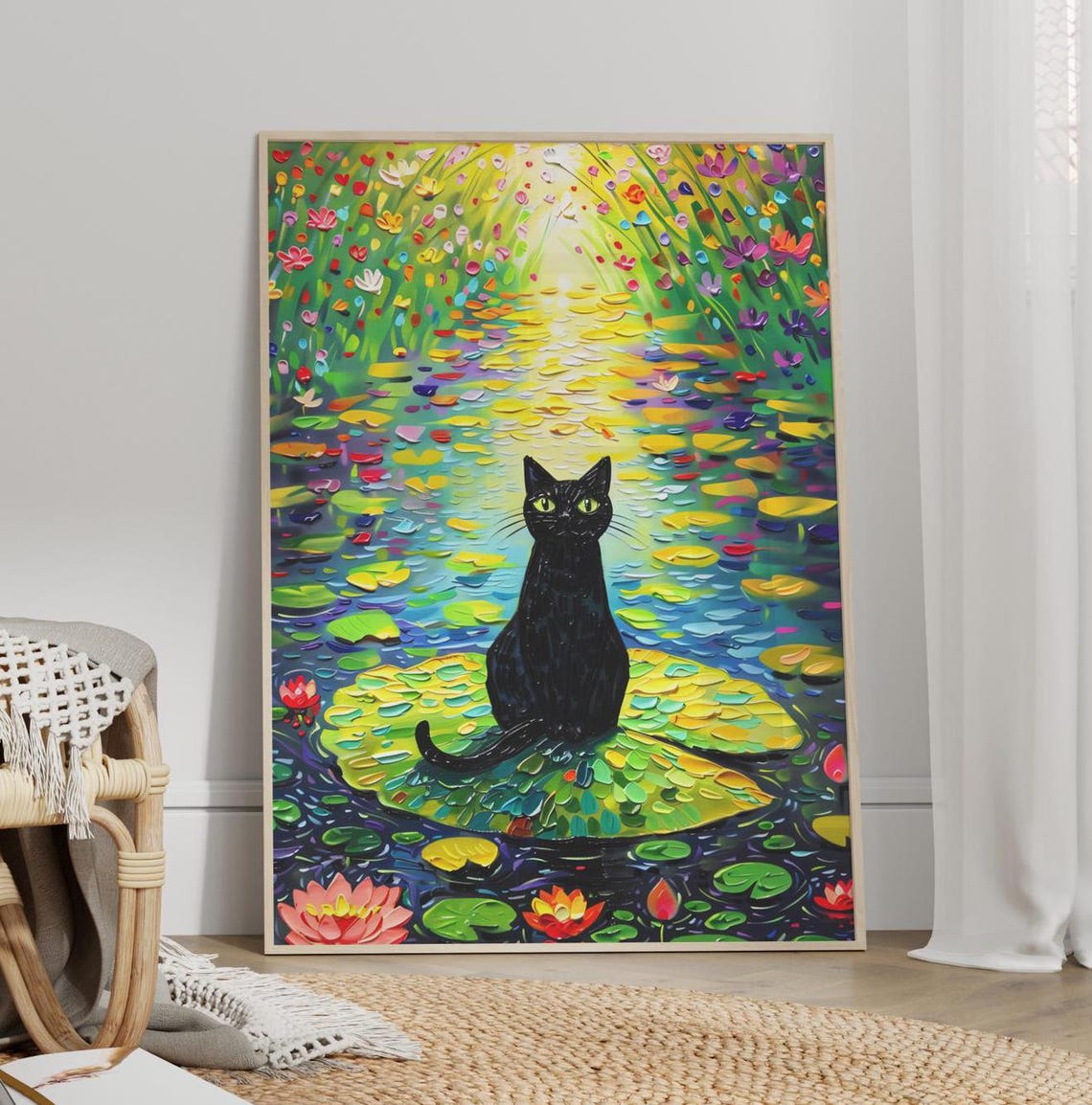 Black Cat Sitting Among Water Lilies Monet Style Humor Poster