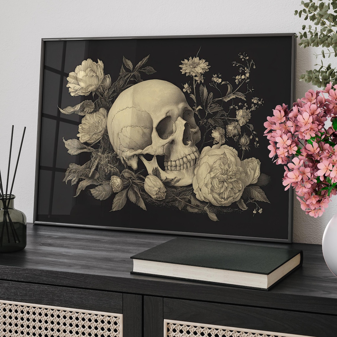 Skull Surrounded By Peonies Dark Academia Engraving Art Poster