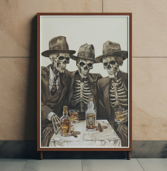 Oil Painting Skeleton Vintage Whiskey Wall Art Or Canvas Bourbon In Glass Print Unique Man Cave For Lover