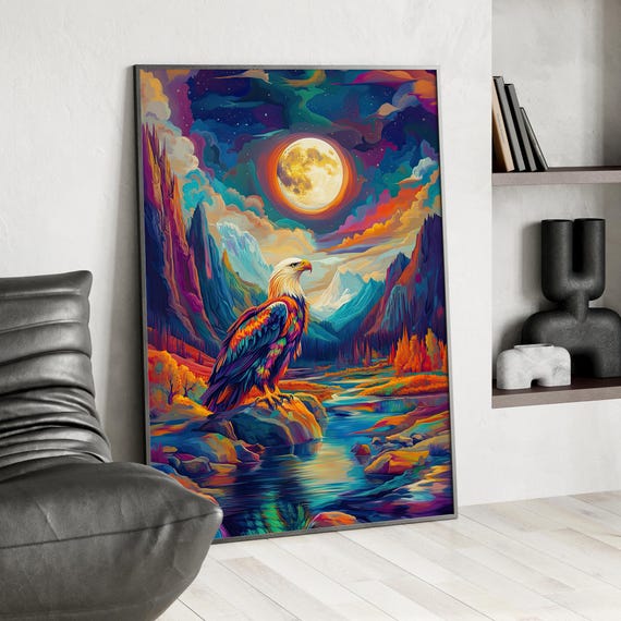 Psychedelic Eagle Over Vibrant Valley Colorful Surreal Nature Art Poster Or Canvas Print Full Moon By The River Abstract