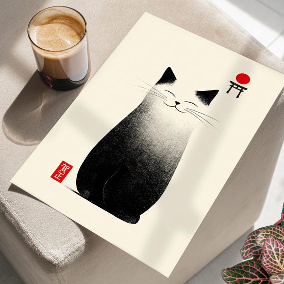 Happy Cat Abstract Minimalist Wall Art Or Canvas Print Chinese Inspired Typography Whimsical Zen Poster Modern Asian Black Decor