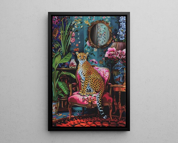 Cheetah On A Vintage Pink Chair Botanical Art Print Poster Or Canvas Leopard Floral Wall Jungle Animal Luxury Home Decor