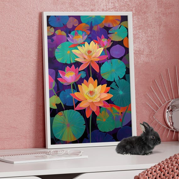 Colorful Water Lilies Art Print Poster Or Canvas Vibrant Floral Wall Decor Bold Nature Teal And Purple Abstract Botanical Artwork