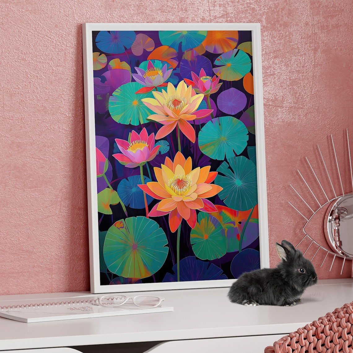 Vibrant Water Lilies in Teal Purple and Orange Bold Floral Art Poster