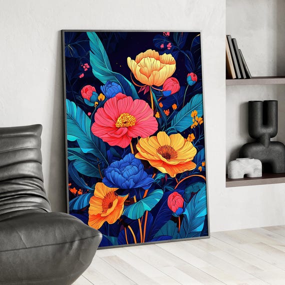 Bright Colorful Peony Flowers Wall Art Poster Or Canvas Print Modern Botanical Blue Peonies Still Life Floral Summer Decor