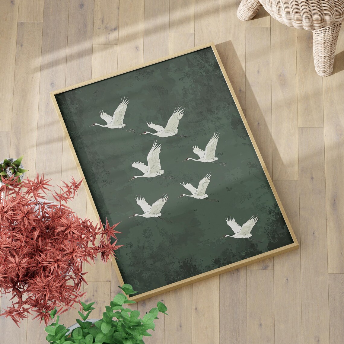 Seven White Cranes Flying Deep Green Japanese Style Art Poster